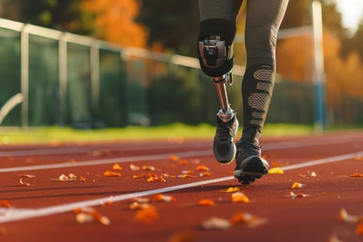 An athlete with a prosthetic leg showcases strength and determination, running on a track lined with autumn leaves in the warm evening light