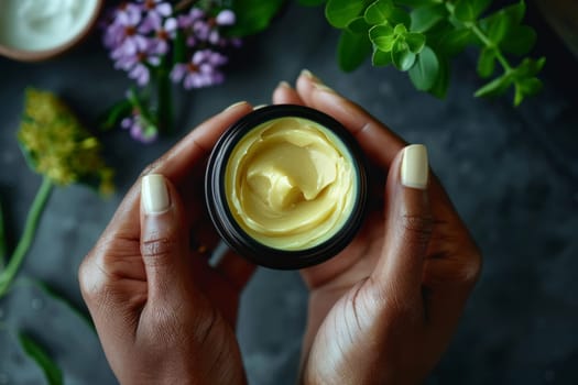 Tender hands cradle a jar of herbal cream among vibrant greenery, evoking themes of natural healing and alternative therapies