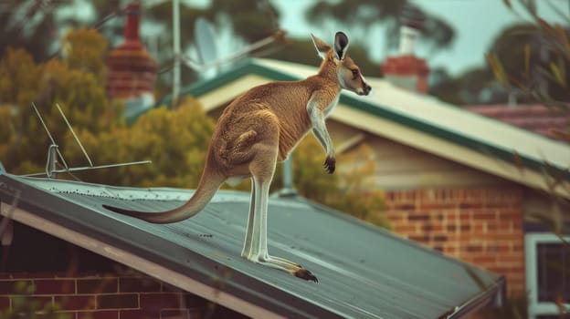 A kangaroo jumps in a residential area. AI