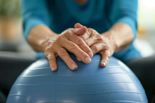 Close-up of elderly hands with manicured nails resting on a blue exercise ball, highlighting the importance of fitness in senior health