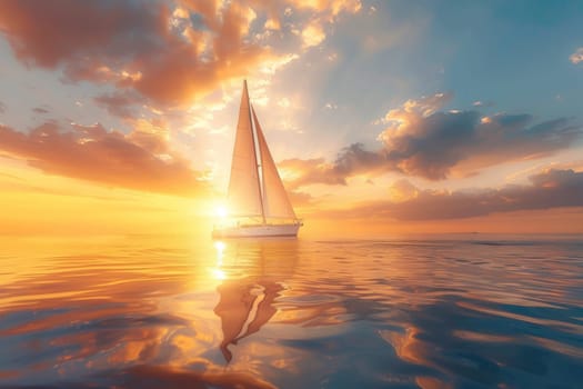 Sailboat sailing at sunset on calm sea. Professional ocean landscape photography. Nautical journey and sailing concept