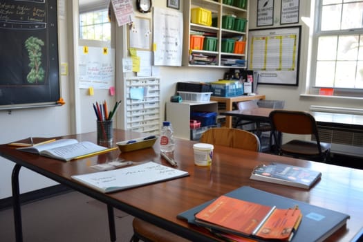 A neatly arranged classroom desk with English lesson plans, pens, a textbook, and a blackboard in the background