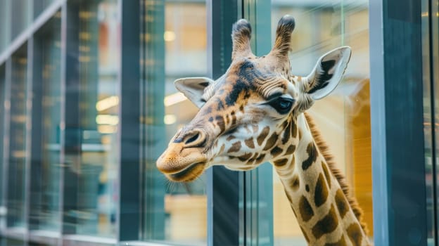 Giraffe in the city, looking up at skyscrapers. A giraffe near the window of an office building. AI