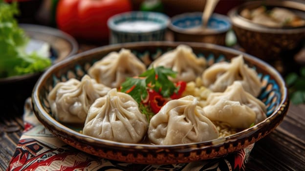 Khinkali on plate. Traditional dish of Georgia AI