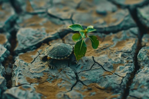 A young turtle traverses a parched landscape, with a single plant beside it, symbolizing hope amidst desolation