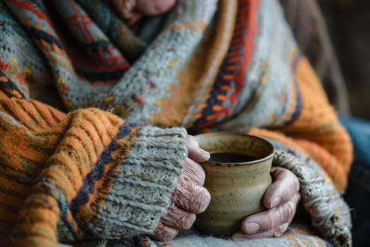 Warm hands of an elder cradle a steaming cup of coffee, evoking a sense of comfort and warmth in a tranquil moment