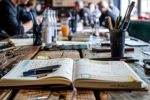 An open notebook filled with sketches and writing ideas lies amidst a cluttered table with pens and art supplies, capturing the essence of a creative brainstorming session