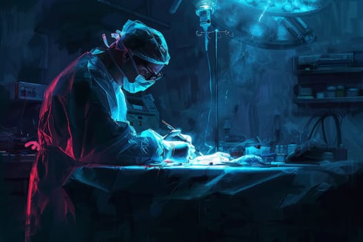 In a dimly lit operating room, a veterinary surgeon is deeply concentrated on a delicate surgical procedure, with advanced medical equipment surrounding the sterile field