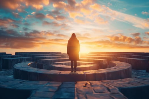 A lone figure stands at the center of a stone labyrinth, contemplating the journey ahead as the sun sets in a dramatic sky.