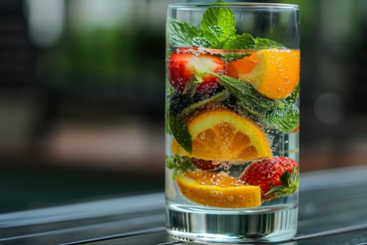 A translucent glass filled with citrus and berry-infused detox water, garnished with fresh mint on a bright day