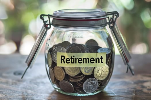 A clear jar labeled 'Retirement', filled with coins, against a blurred green background, representing financial planning