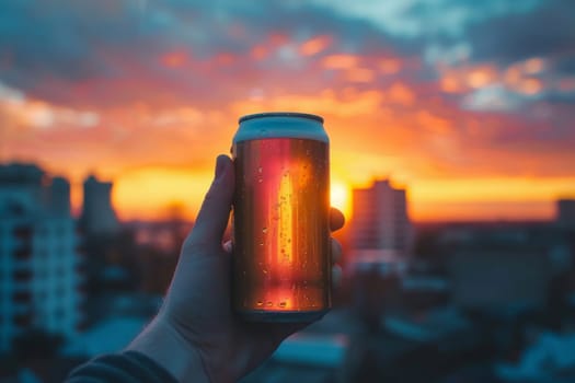 A hand holds up a chilled can of craft beer against a vibrant sunset backdrop, the warm light highlighting the condensation on the can