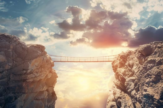 A sturdy bridge arches gracefully between towering cliffs above a serene blue inlet, with a clear sky extending into the horizon.