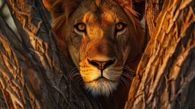 Large lion hiding in branches and leaves of a big tree. AI