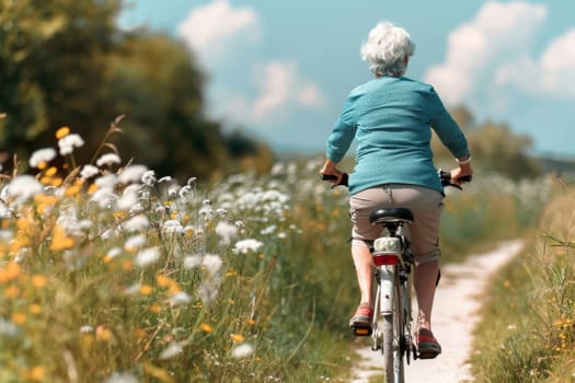 A senior woman biking along a serene nature path surrounded by wildflowers and lush fields on a sunny day