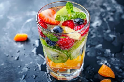 A sparkling glass of detox water brimming with sliced strawberries, blueberries, kiwi, and mint leaves on a dark wet surface