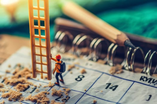 A miniature figure with a backpack climbing a ladder against a calendar background, depicting project planning.
