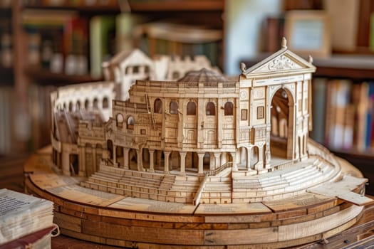 An intricately detailed wooden model of the historic Globe Theater, representing Shakespearean architecture and Elizabethan playhouses