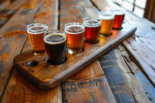 A craft beer flight perfectly aligned on a bespoke wooden paddle, inviting a journey through unique brew tastes and aromas.