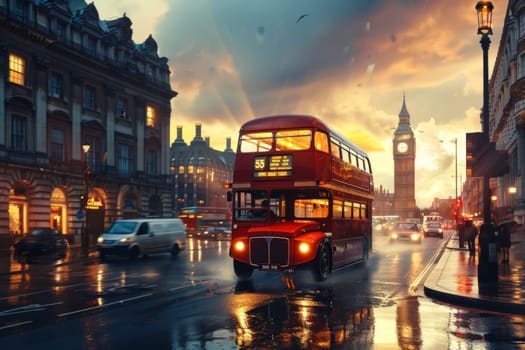 Iconic red double-decker bus travels through the streets of London with the historic Big Ben and the Houses of Parliament in the background.