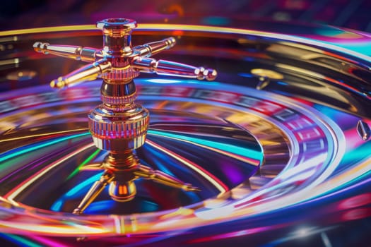 A vibrant close-up of a roulette wheel caught in mid-spin, with colors blurring into a display of motion and chance.