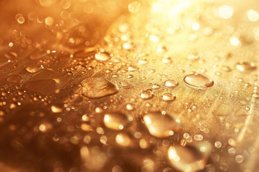 Macro photography captures the abstract beauty of water droplets on a surface bathed in a warm, golden hue.