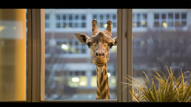 Giraffe in the city, looking up at skyscrapers. A giraffe near the window of an office building. AI