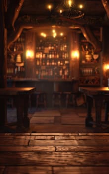 Vertical image of a fantasy tavern. Blurred background AI