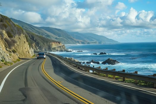 A convertible car racing along a beautiful coastal route, the golden hour sun casting warm light on an open road trip