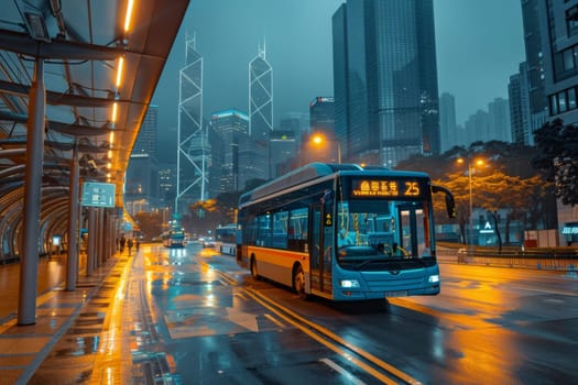 A modern blue bus starts its early journey, its lights reflecting on wet city streets, with skyscrapers towering into the foggy, pre-dawn sky.