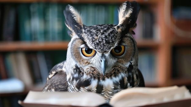 Owl with books. Symbol of wisdom and knowledge AI