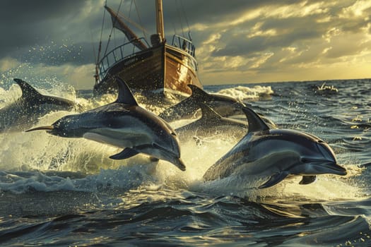 A pod of dolphins leaps energetically alongside an aged boat amidst the churning sea, with dynamic water and dramatic lighting adding to the action.