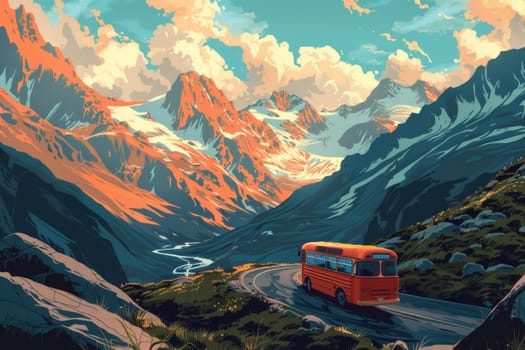 A vintage red bus navigates a twisting mountain road amidst a tranquil landscape of snow-capped peaks and lush greenery under a warm, cloud-streaked sky