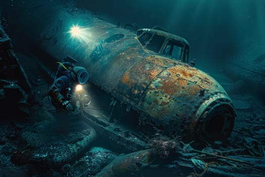 The beam of a diver's flashlight reveals the ghostly silhouette of an underwater plane wreck, creating a scene of both discovery and history