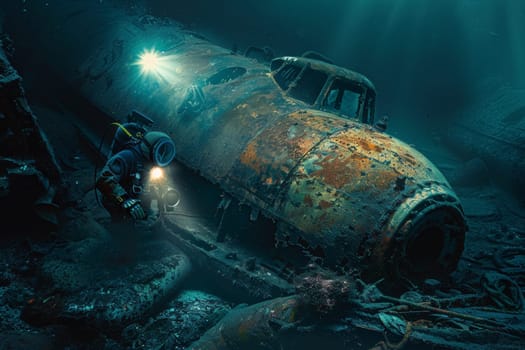 The beam of a diver's flashlight reveals the ghostly silhouette of an underwater plane wreck, creating a scene of both discovery and history