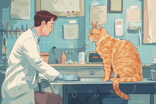 A gentle veterinarian performs a wellness check on a relaxed tabby cat, in a cozy veterinary clinic, illustrating the bond between pets and caregivers