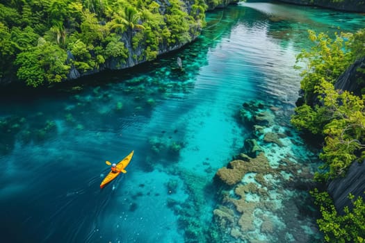 A vibrant kayak slices through the azure waters of a lagoon, surrounded by lush greenery and towering cliffs, an adventure in paradise.