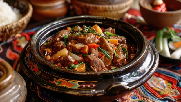 Stewed meat with pieces of vegetables and fresh herbs AI