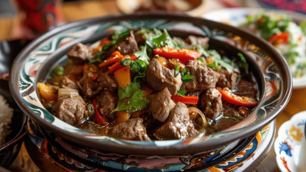 Stewed meat with pieces of vegetables and fresh herbs AI