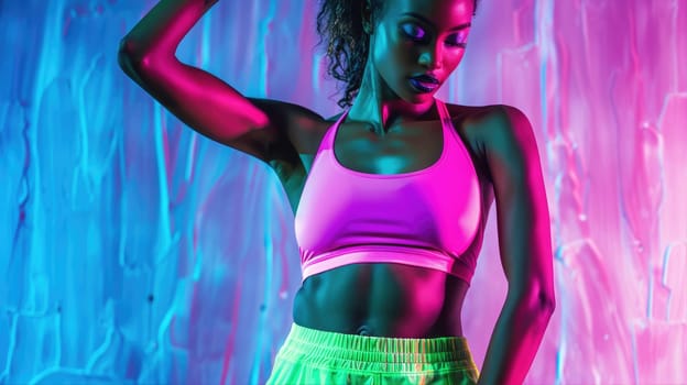 Abdominal muscles of fit fitness woman in neon top AI