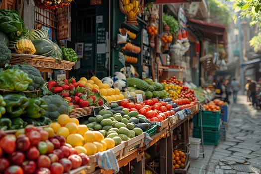 A vibrant fruit and vegetable stand set up on a historic cobblestone street, showcasing fresh produce to passersby.