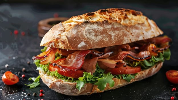 Sandwich with ciabatta and bacon filling on a dark background AI