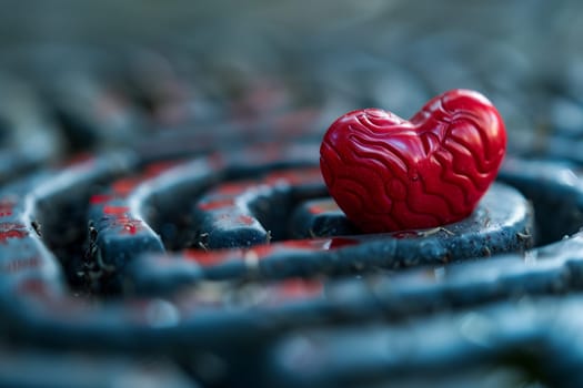 A red heart placed in the center of a challenging maze, symbolizing love and determination within obstacles.