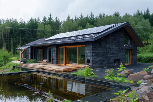 A residential house with a solar panel installed on the roof, harnessing renewable energy from the sun to power the home efficiently.