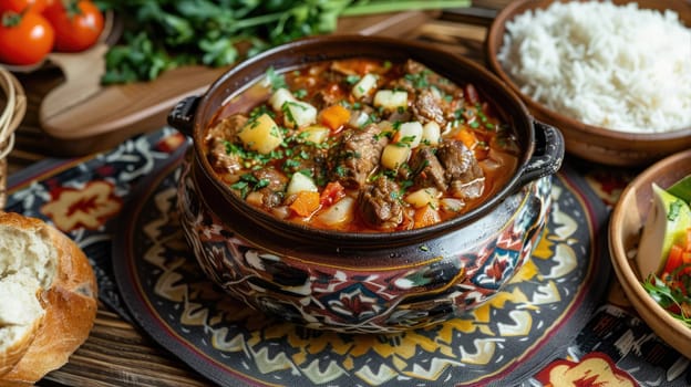 Beef stew in frying pan. Stewed potatoes with meat. Delicious traditional food AI