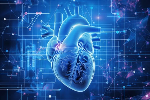 Digital representation of a human heart created using computer technology, showing anatomical structures and functions.