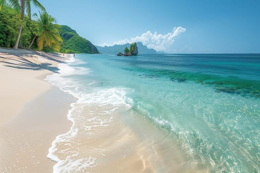 A sandy beach with clear blue water, palm trees swaying gently in the breeze. The scene is serene and inviting.