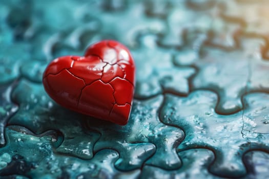 A red heart shape placed on a single puzzle piece, symbolizing love and connection.