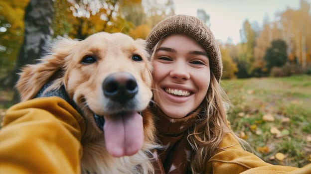 Smiling woman taking selfie with her dog AI