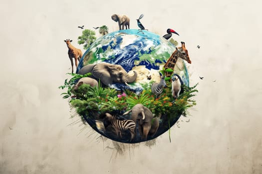 Various animals roaming on the surface of Earth in this illustration showcasing biodiversity and cohabitation.